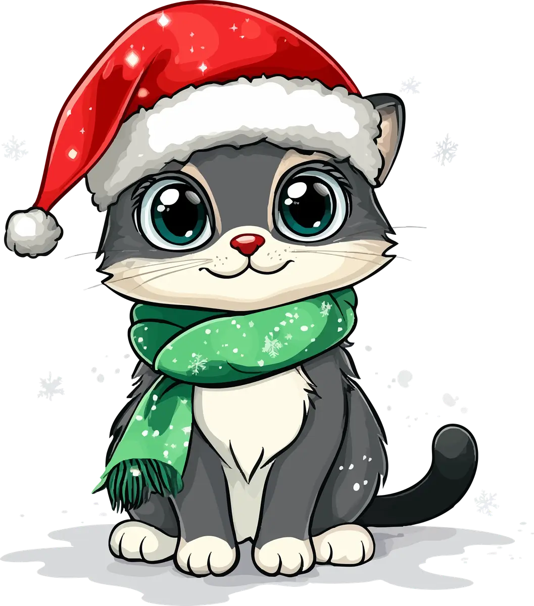 A gray kitten in a Santa hat and green scarf