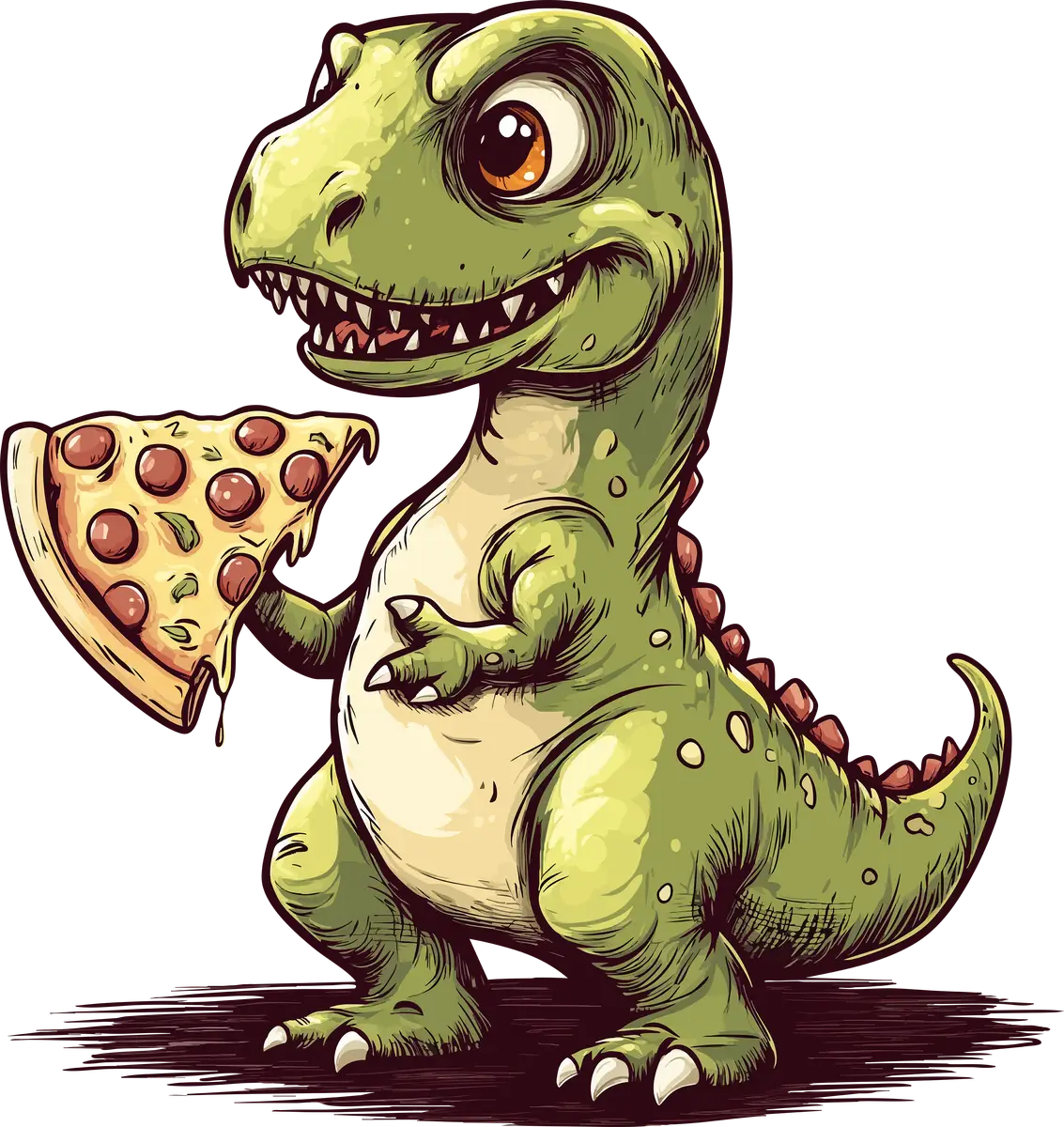 A cartoon dinosaur holding a slice of pizza