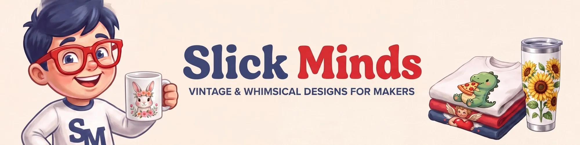 The Slick Minds shop banner, with the Slick Minds mascot holding a mug beside stacked T-shirts and a tumbler printed with Slick Minds designs.