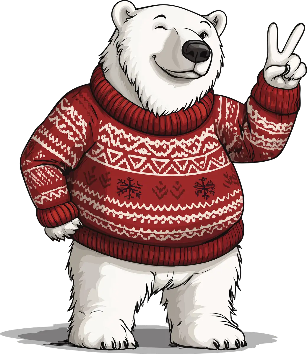 A polar bear in a holiday sweater making a peace sign