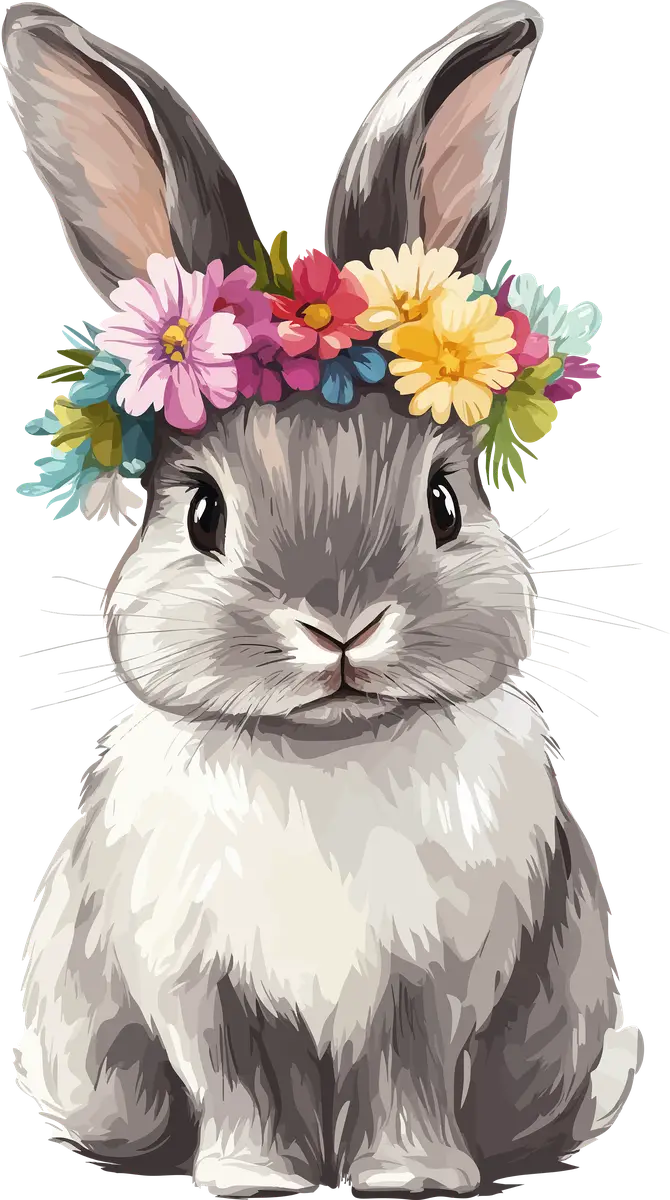 A gray rabbit wearing a crown of spring flowers